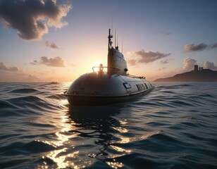 Submarine gliding beneath surface water at dusk with sunlight filtering down, water, submarine