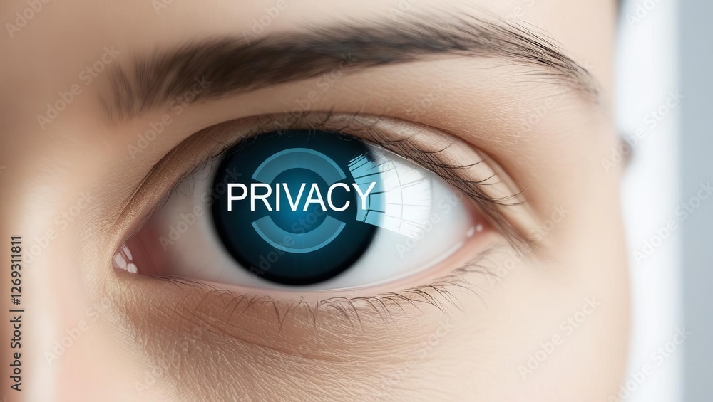 Poster a close-up of an eye with a futuristic display showing the word 