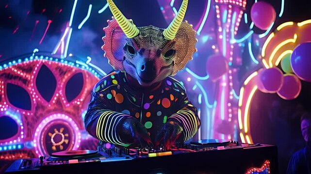 A futuristic DJ in a neon-lit costume with glowing horns performs at a vibrant festival. The electrifying lights, surreal visuals, and dynamic energy create a unique cyberpunk party atmosphere