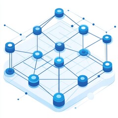 Abstract network of blue nodes and interconnected lines on white background