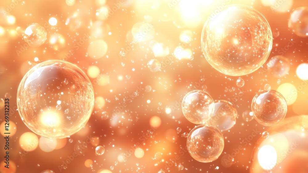 Poster golden bubbles floating in a sparkling light background