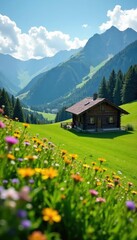 Sunny wooden chalet in green meadow with flowers, meadow, sunlight, alps