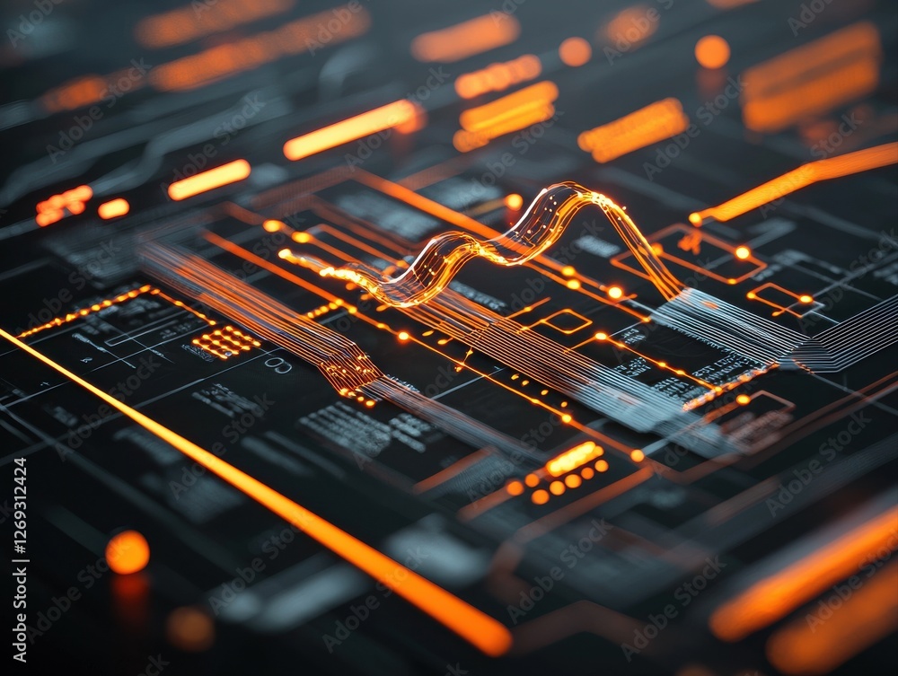 Poster a digital abstract image showcasing vibrant orange and gray circuitry against a dark background, rep