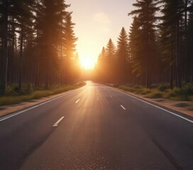 Sunset setting over a wide race track nestled in a peaceful forest, tranquil, dusk, wide