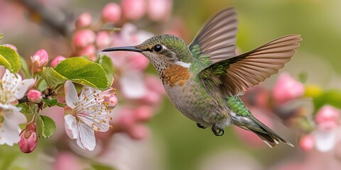 Naklejka premium Vibrant feathers glisten in the light as a fairy bird flits gracefully among blooming flowers, embodying the essence of spring and the joy of flight