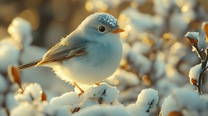 A captivating fairy bird, adorned with soft feathers, sits gracefully on snow-covered branches, radiating the essence of spring and freedom in the tranquil morning light
