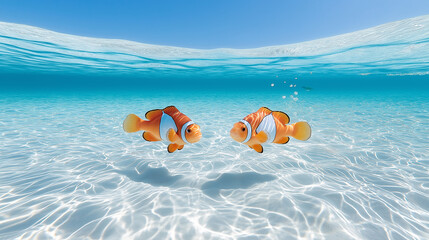 Obraz premium Underwater ,clear ocean with 2 clown fish, beautiful turquoise Rippling ,sunlight ,sandy bottom, shadows,sunlight ,coastal area or lagoon, underwater landscape,water relatively shallow.