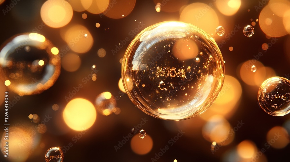 Poster golden spheres float in a bokeh background