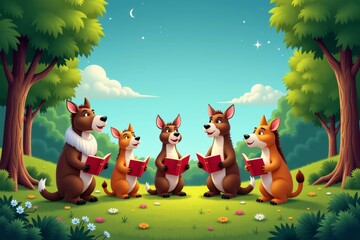 Fototapeta premium Colorful illustration of animals singing carols joyfully in nature, surrounded by trees and flowers. Concept highlights animals singing carols in a festive atmosphere.