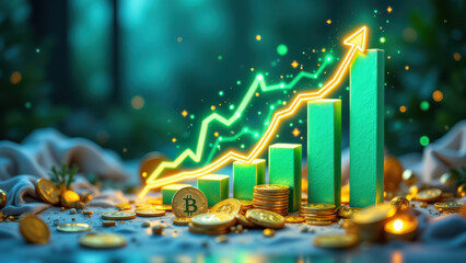 Obraz premium Illustration depicting financial success with glowing charts and scattered coins on a money-filled surface.