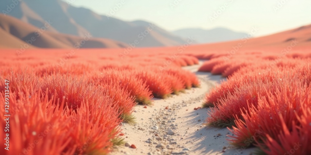Aufkleber serene path through a field of coral-colored grass under a soft sunrise