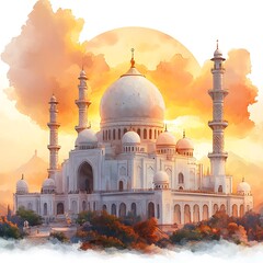 Mosque with Watercolor Splash Effect on Pastel Peach Background for islamic background, Ramadan Kareem
