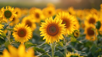 Immersive Summer Sunflower Field Scenery: Golden Blooms Under Azure Skies – Vibrant Background Images for Floral Wallpapers, Seasonal Branding, and Nature-Inspired Design with Rustic Charm, Warm Color
