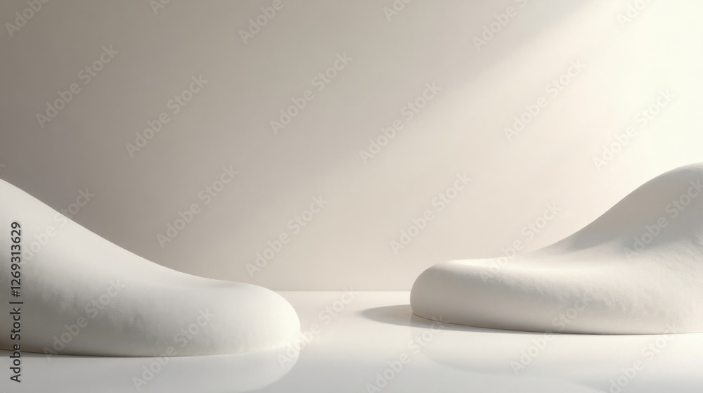 Poster serene minimalist composition featuring two organic white forms on a smooth surface, bathed in soft 