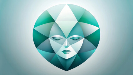 The serene face is depicted in a geometric pattern of triangles and squares. The color palette is predominantly green and turquoise, creating a calming and harmonious effect.AI