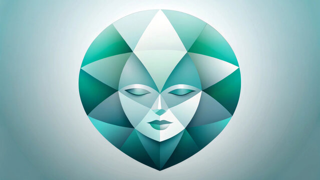 The serene face is depicted in a geometric pattern of triangles and squares. The color palette is predominantly green and turquoise, creating a calming and harmonious effect.AI