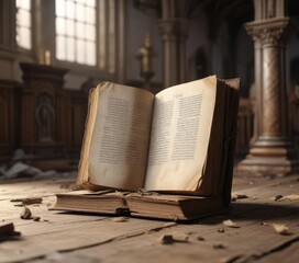 The cover of an old book is blown off its hinges by the wind as it lies open on a dusty altar in a forgotten church , dusty altar, broken stained glass