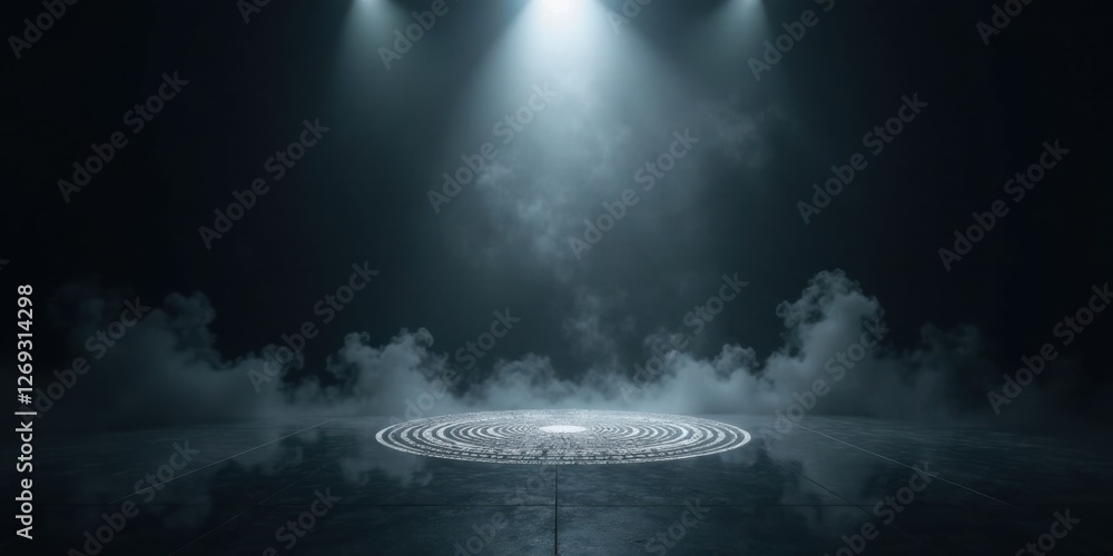 Poster mysterious circular design illuminated by spotlights in a smoky atmosphere on a dark floor