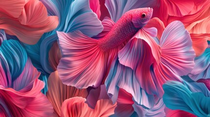 Fototapeta premium Vibrant parrot feathers create an abstract, colorful pattern with fish