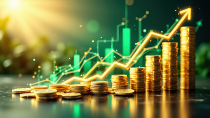 A graphic illustration featuring gold coins with upwardly trending green lines and arrows, symbolizing financial growth and success.
