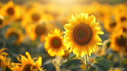 Immersive Summer Sunflower Field Scenery: Golden Blooms Under Azure Skies – Vibrant Background Images for Floral Wallpapers, Seasonal Branding, and Nature-Inspired Design with Rustic Charm, Warm Color