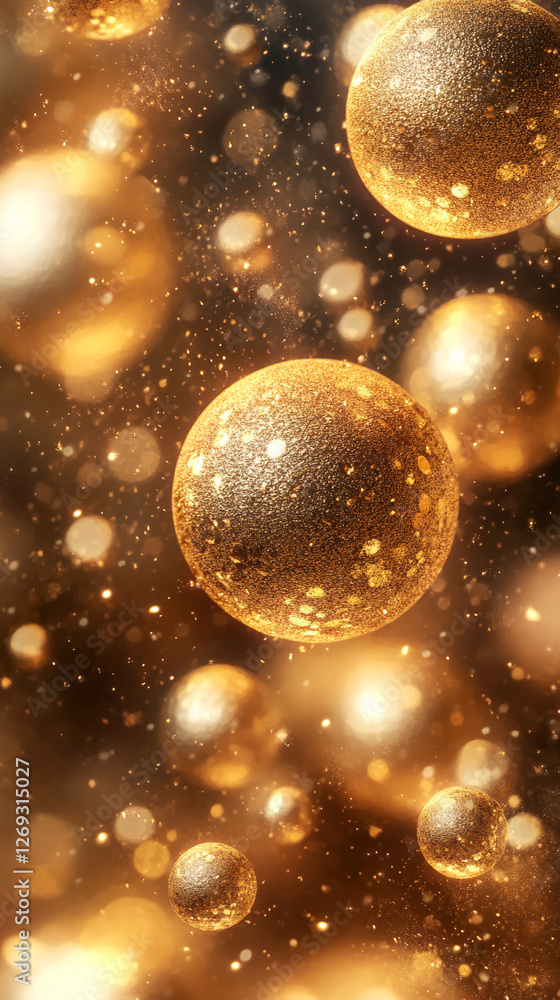Poster close-up of floating golden bubbles shimmering in the air, surrounded by sparkling lights and dust p