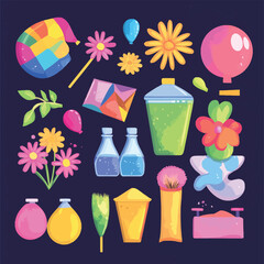 A lively 2D vector of Holi festival items like colored powders, water balloons, and flowers.