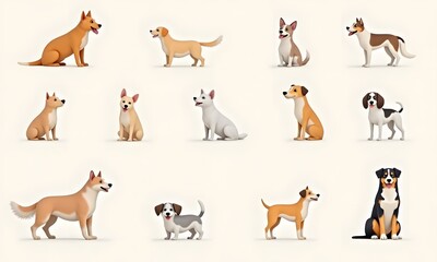 Thirteen Diverse Cartoon Dogs in Grid Formation on Beige Background
