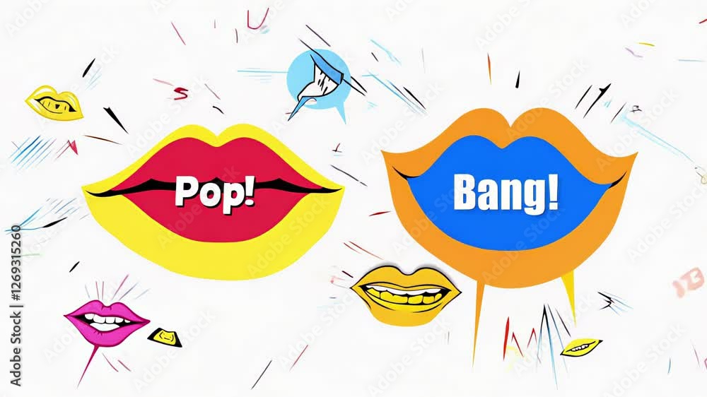 Poster vibrant pop art animation with explosive text and colorful lips. concepts of retro design, dynamic m