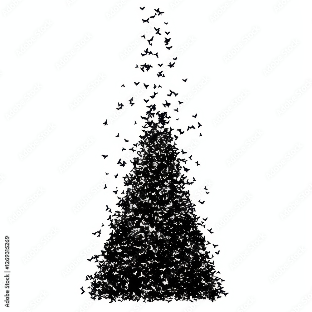 Poster abstract art numerous black butterflies forming a triangular shape on white background