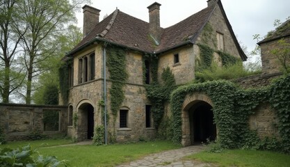 Fototapeta premium Rustic Abandoned Stone House With Ivy Overgrowth In Serene, Overcast Setting