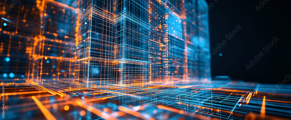 Poster Close-up of glowing neon blue and orange 3D grid lines intersecting in a digital space, representing futuristic technology, data transmission, and digital architecture.