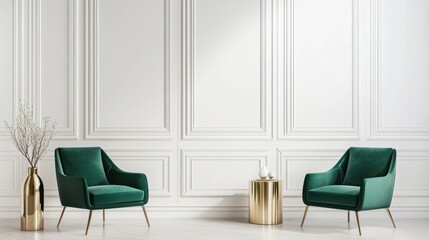 Elegant green armchairs in white room interior design