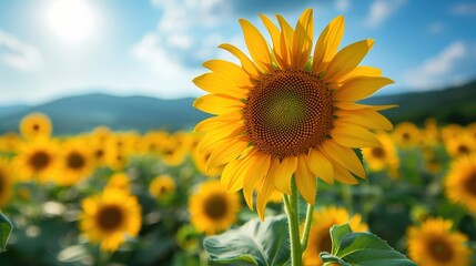 Fototapeta premium Immersive Summer Sunflower Field Scenery: Golden Blooms Under Azure Skies – Vibrant Background Images for Floral Wallpapers, Seasonal Branding, and Nature-Inspired Design with Rustic Charm, Warm Color