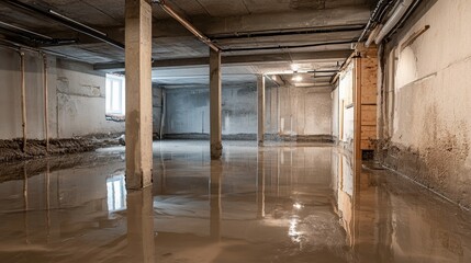 Fototapeta premium Flooded basement showing structural damage and wet floors.