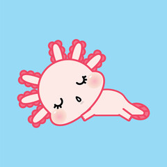 Cute Kawaii Axolotl Sleeping. Adorable Cartoon Amphibian Vector Illustration.