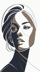 Modern ink art portrait of a woman with geometric elements on a clean white background
