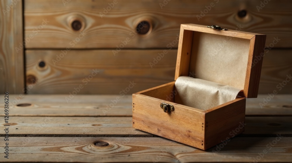 Poster A rustic wooden box sits open on a weathered wood surface, revealing a soft interior lining; a hint of mystery and potential within