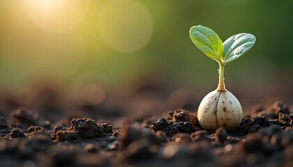 Seedling emerging from a round seed in fertile soil