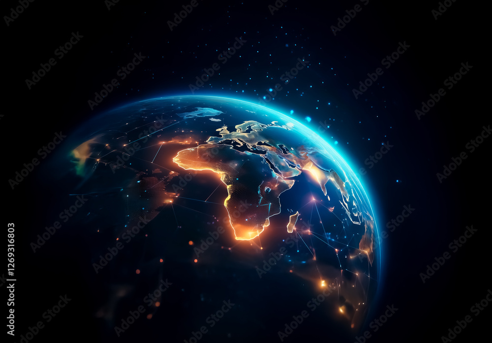 Poster earth view from space, continents glow with city lights at night. dark space background with scatter