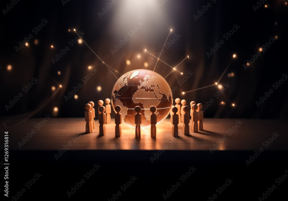 Leinwandbilder Illuminated globe surrounded by figures in a circle. Light rays connect outwards in a dark setting, representing global connections and communication.