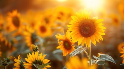 Fototapeta premium Immersive Summer Sunflower Field Scenery: Golden Blooms Under Azure Skies – Vibrant Background Images for Floral Wallpapers, Seasonal Branding, and Nature-Inspired Design with Rustic Charm, Warm Color