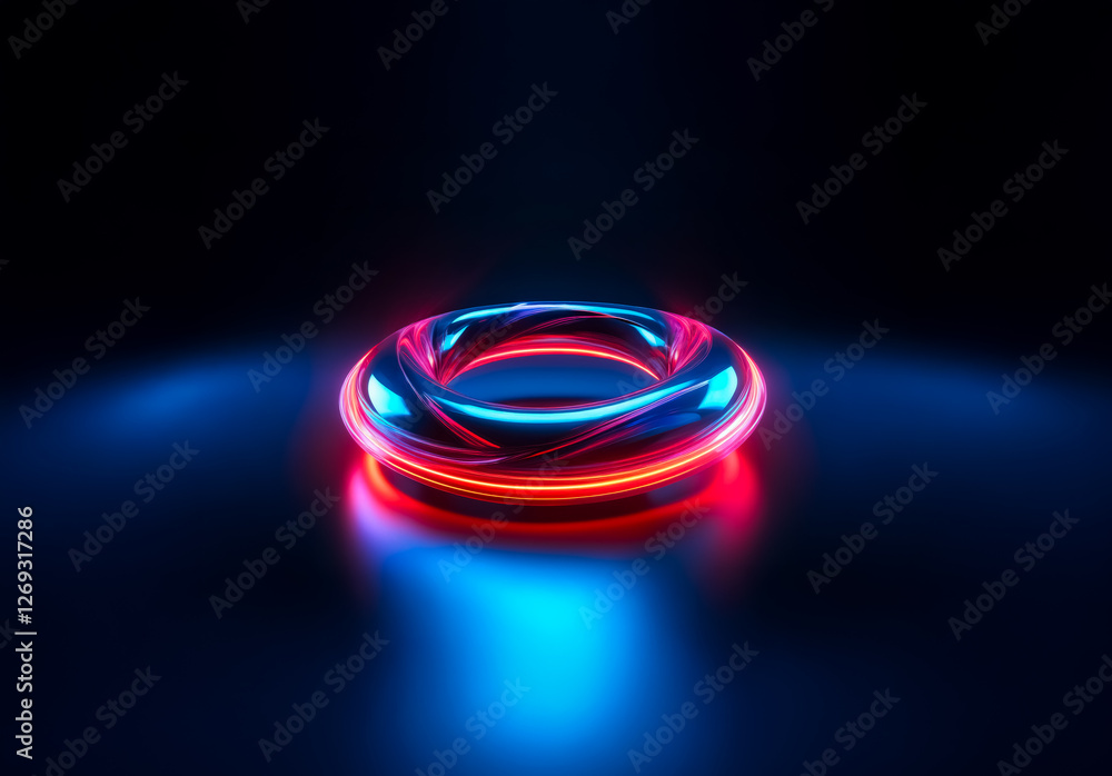 Poster a luminous torus form radiates vibrant neon hues of red and blue against a stark, dark setting. the 