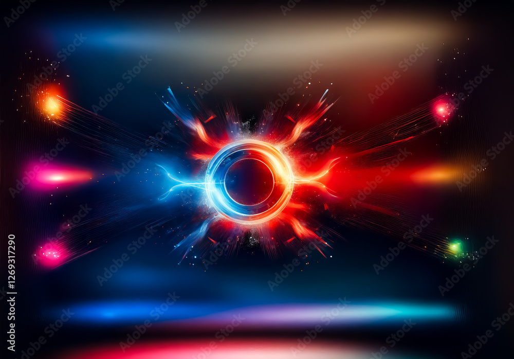 Fototapete abstract energy core with radiant bursts. vivid blue and red light emanate from a central glowing ci