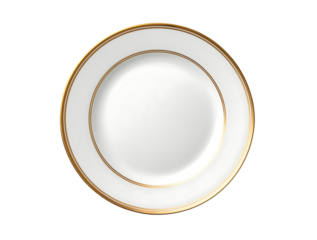 Modern white dinner plate with gold trim,  white and beige color scheme isolated on transparent background