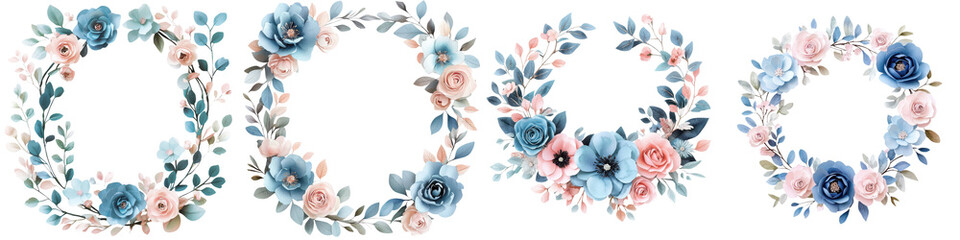 Fototapeta premium Elegant floral wreaths and bouquets in soft pastel colors perfect for wedding invitations greeting cards and other decor Watercolor style botanical with flowers leaves and flourishes in a romantic