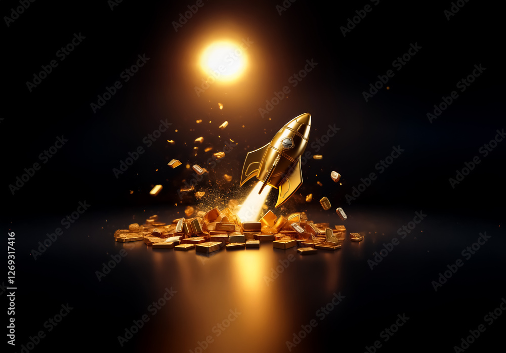 Poster golden rocket takes off from golden pieces under a bright light, against a dark backdrop, creating a