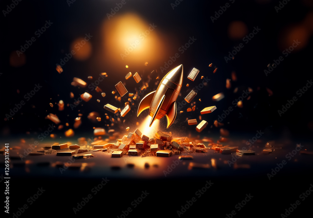 Poster a golden rocket ignites for liftoff, emitting a fiery burst and scattering debris against a dark bac