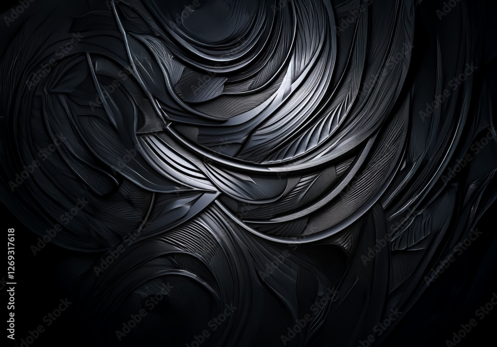 Poster Dark abstract texture with swirling lines creating a dynamic, organic pattern.  The surface appears metallic or stone-like with deep shadows and highlights, giving a sense of depth.
