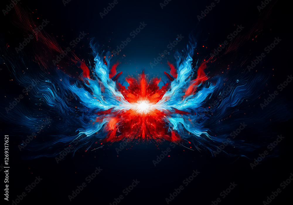 Poster vibrant digital artwork featuring abstract red and blue hues on a dark backdrop. dynamic burst of co
